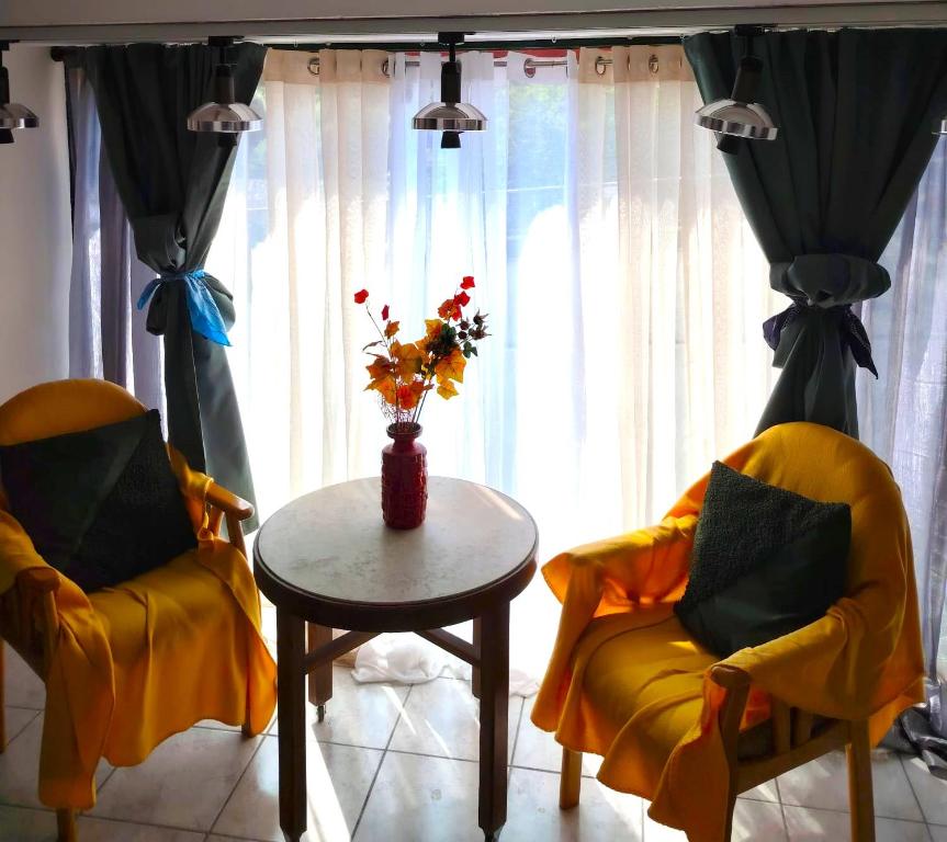a living room with two chairs and a table with flowers at Studio Kyllburg-Eifel in Kyllburg