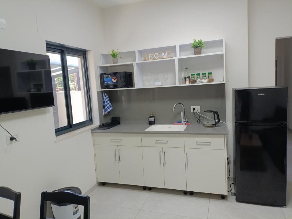 a kitchen with a sink and a black refrigerator at חלון לגליל העליון in Beit Hillel