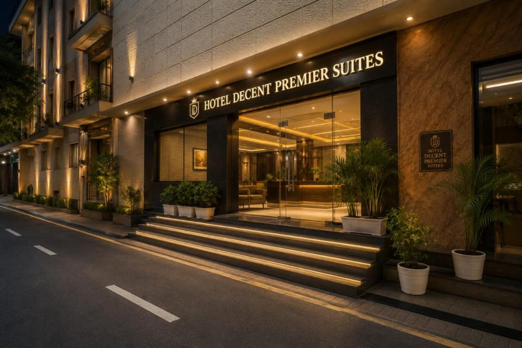 a store front of a building with potted plants on the street at Hotel Decent Premier Suites Near Delhi Aerocity in New Delhi