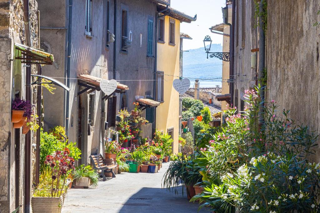 an alley in an old town with flowers and plants at Marta Lake Albergo Diffuso & Spa in Marta