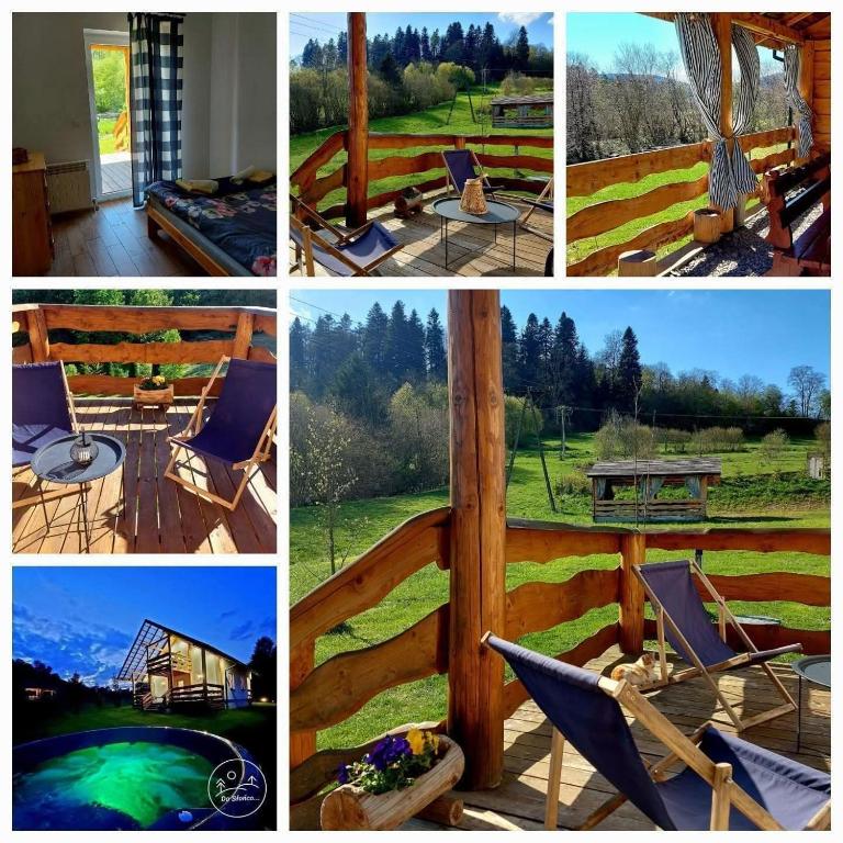 a collage of pictures with chairs and a fence at Do Słońca in Ropienka