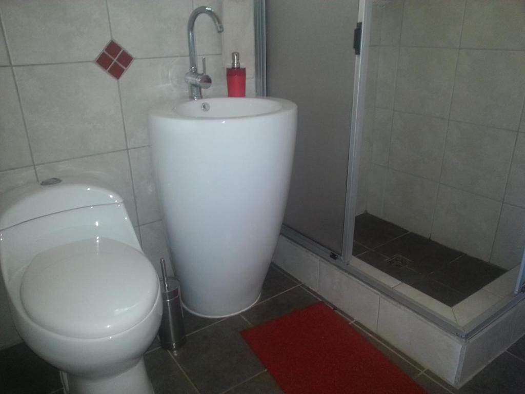 a bathroom with a toilet and a shower with a sink at La Maravilla Lodge in Vilches