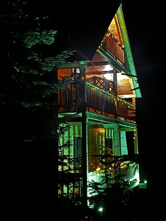 a house lit up at night with lights at Alpine Lodge Bakhmaro in Chʼkhakoura