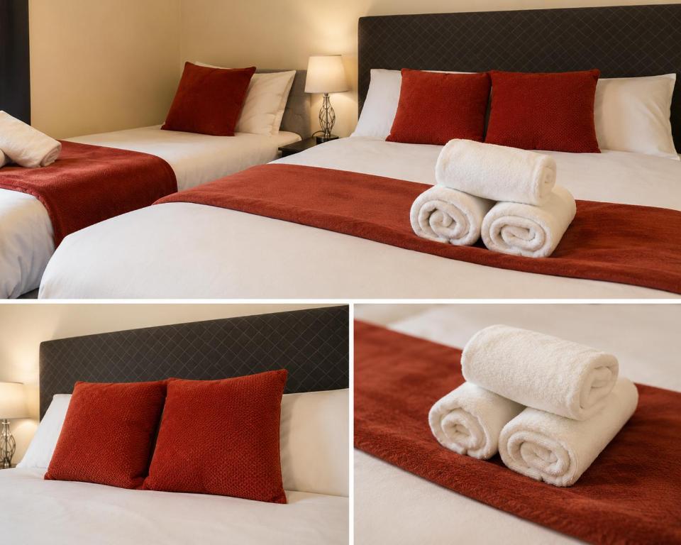 four pictures of a hotel room with two beds with towels at Spacious flat in Streatham in London