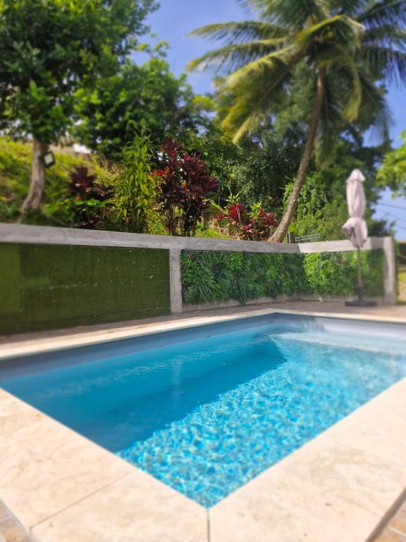 a swimming pool in front of a fence at Le Cuprum in Le Robert