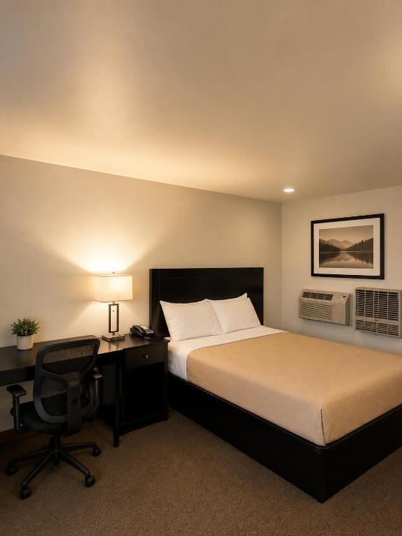 a hotel room with a bed and a desk and a chair at DEEPWELL MOTEL in Owego