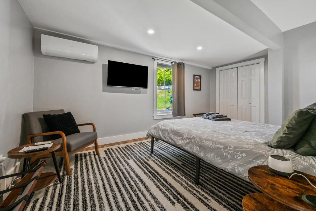 a bedroom with a bed and a couch and a tv at Willard Modern Cozy Apt 1st Floor in Whitefield
