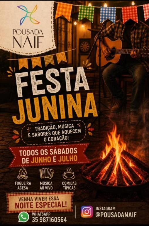 a flyer for a music festival with a man and a fire at Pousada NAIF in São Lourenço