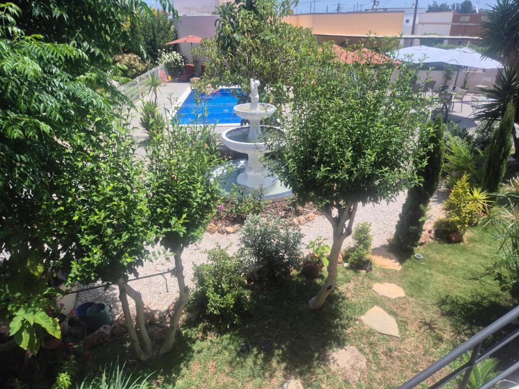 an overhead view of a pool with trees and a fountain at Bela Alexandra Guest House in Fuzeta