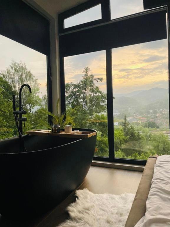 a bathroom with a bath tub in front of a window at Panoramic Box in Vişeu de Sus