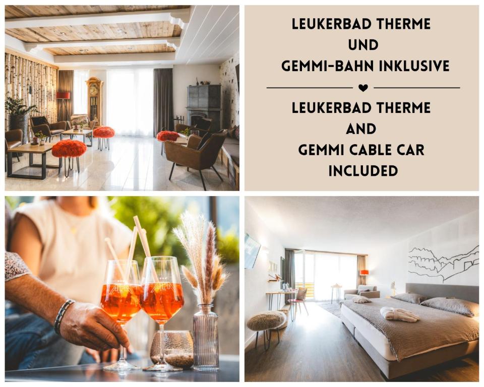 a collage of photos of a living room and a room at Hotel Alfa Superieur - Leukerbad-Therme in Leukerbad