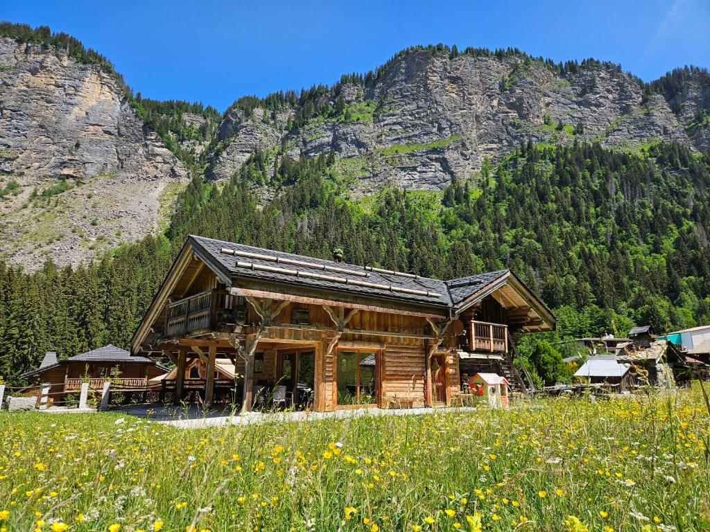 a log cabin in the mountains with a field of flowers at Chalet le Nid independant mountain chalet in Morzine