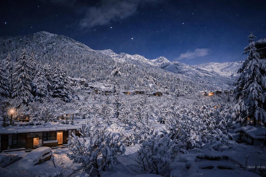 a house covered in snow at night with mountains at Hotel Old Manali with Balcony, Mountain and River View in Manāli