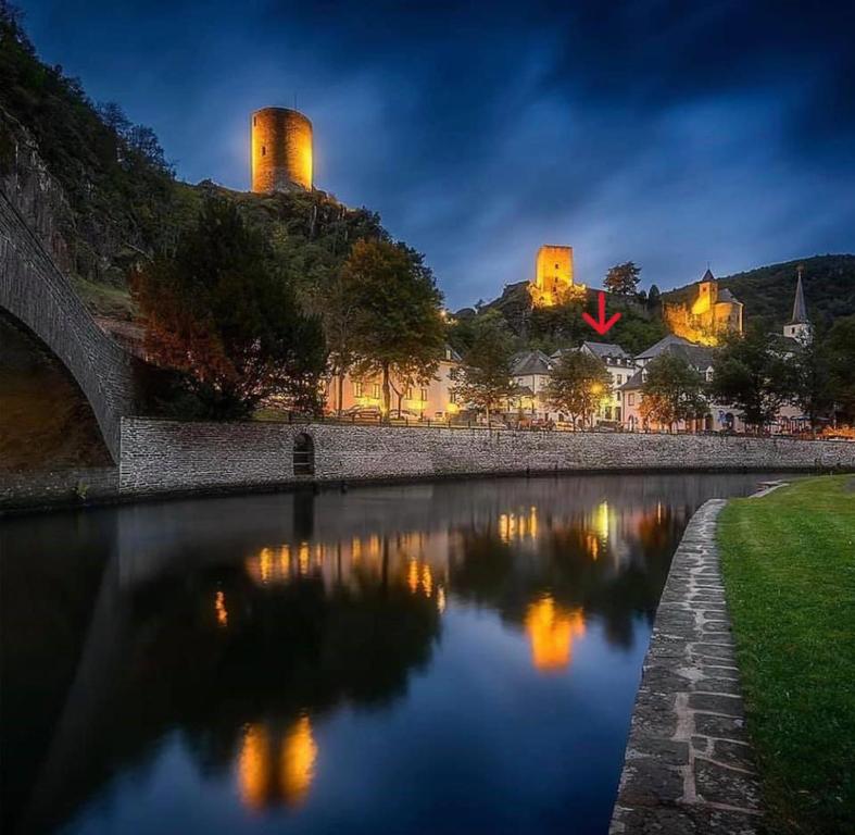 a night view of a river with buildings and a bridge at Hébergement atypique in Esch-sur-Sûre
