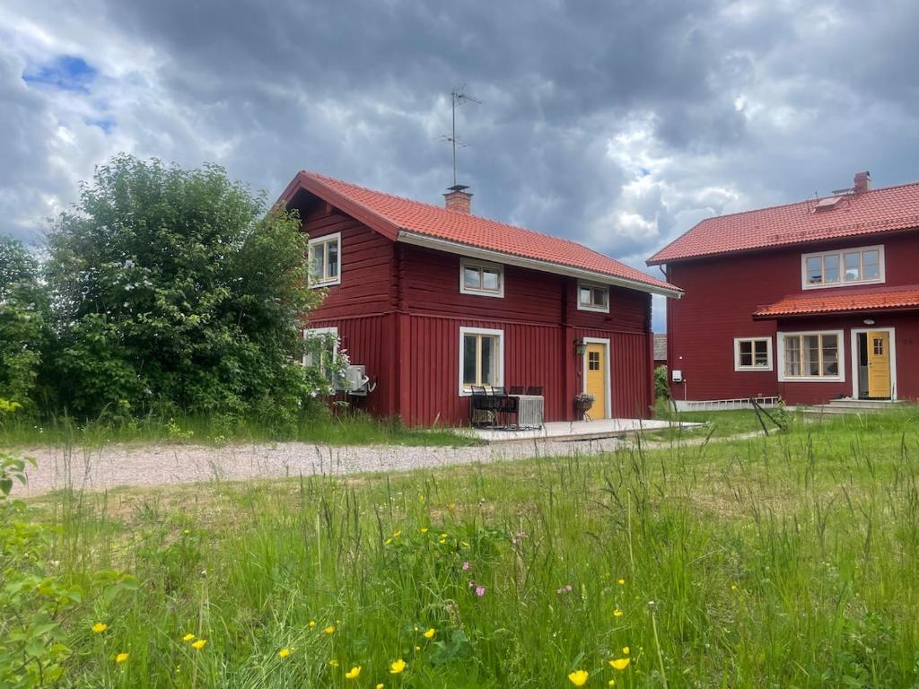 a red house with a red roof in a field at Lissmogården in Leksand
