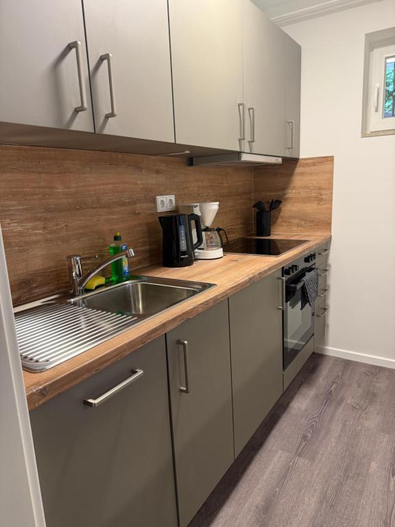 a kitchen with a sink and a counter top at Dünenhaus Souterrain Strandallee 3 in Timmendorfer Strand