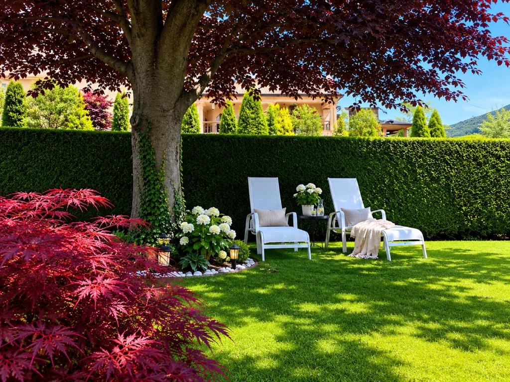 two chairs and a table in a yard with a tree at Ortensia Apartment for 4 near Lake Como and Lugano in Lanzo dʼIntelvi