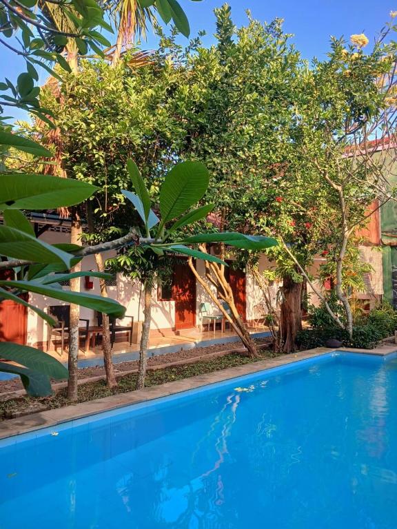 a blue swimming pool with trees and a building at Pondok IJo Guesthouse in Yogyakarta