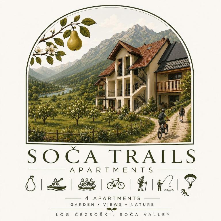 a poster for a resort with a picture of a house at Soča Trails Apartment #4 in Srpenica