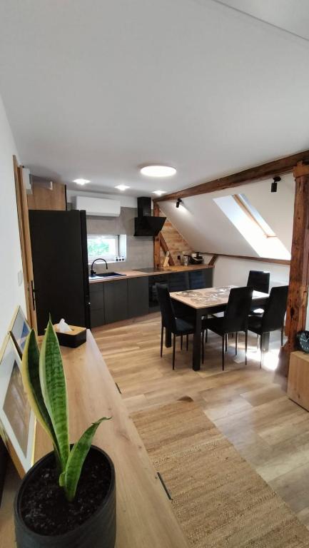 a room with a table and chairs and a kitchen at Damianówka in Paczkówek