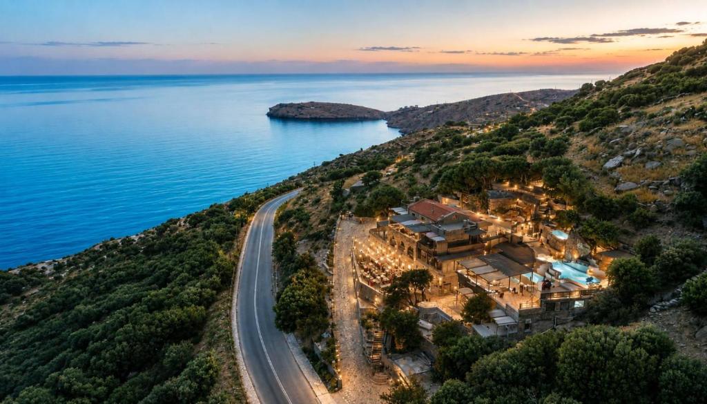an aerial view of a house on a hill next to the water at Aegean Castle Andros – Adults Only in Agia Eleousa