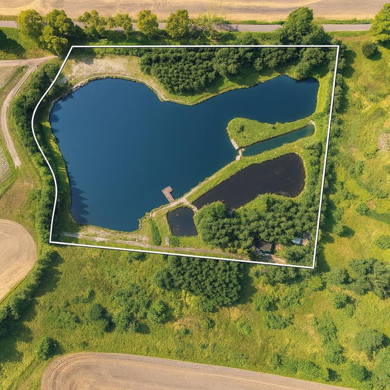 an overhead view of a lake on a field at Łowisko Dom ze Stawami in Trudna