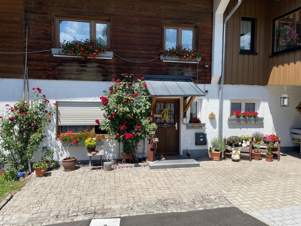 a building with potted plants and flowers in front of it at Gästehaus Möschel in Weiler-Simmerberg