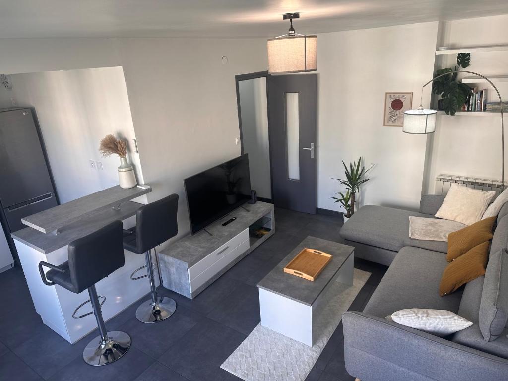 a living room with a couch and a tv at La Pinéa 40 m2 T2 climatisation, tram E et parking in Saint-Égrève