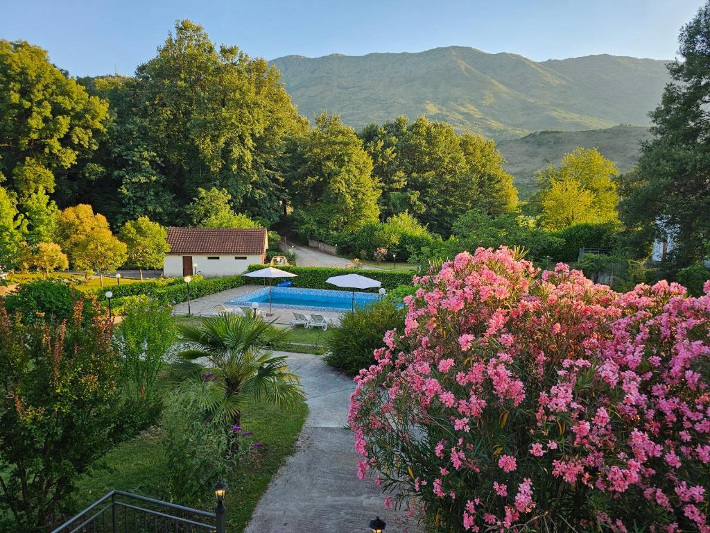 a garden with pink flowers and a swimming pool at Zeta River Retreat in Danilovgrad
