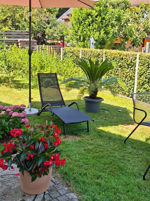 a garden with a chair and flowers in the grass at Apartament Flora in Mahlberg