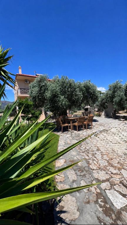 a patio with a table and benches and trees at Parea House in Limenaria
