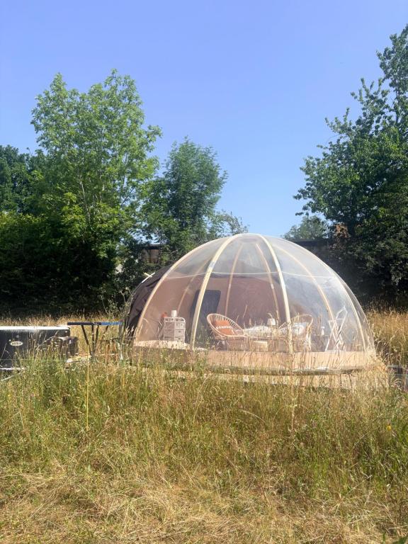 a large glass dome in a field of grass at La bulle de Clemence in Montfermy