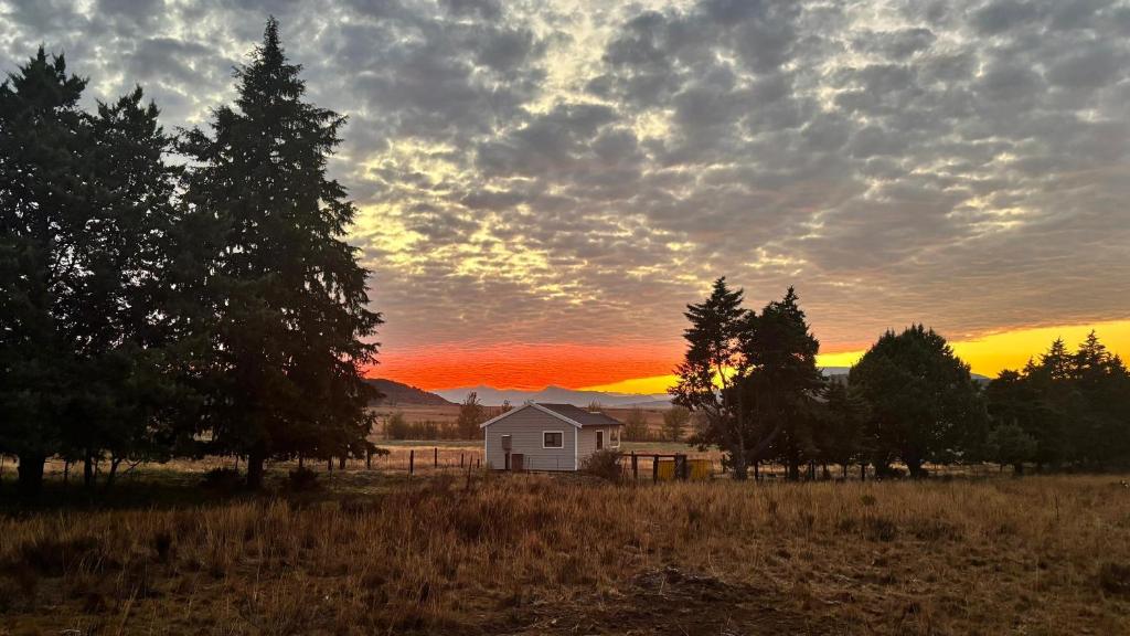 a house in a field with a sunset in the background at Herdman's Rest Farmstay in Lady Grey