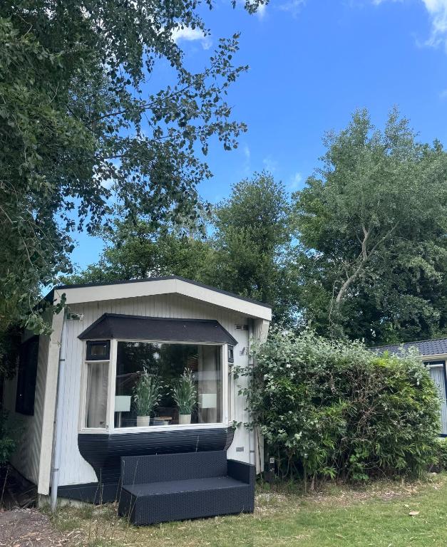 a tiny house with a window and plants in it at Chalet Feanzicht in Earnewâld
