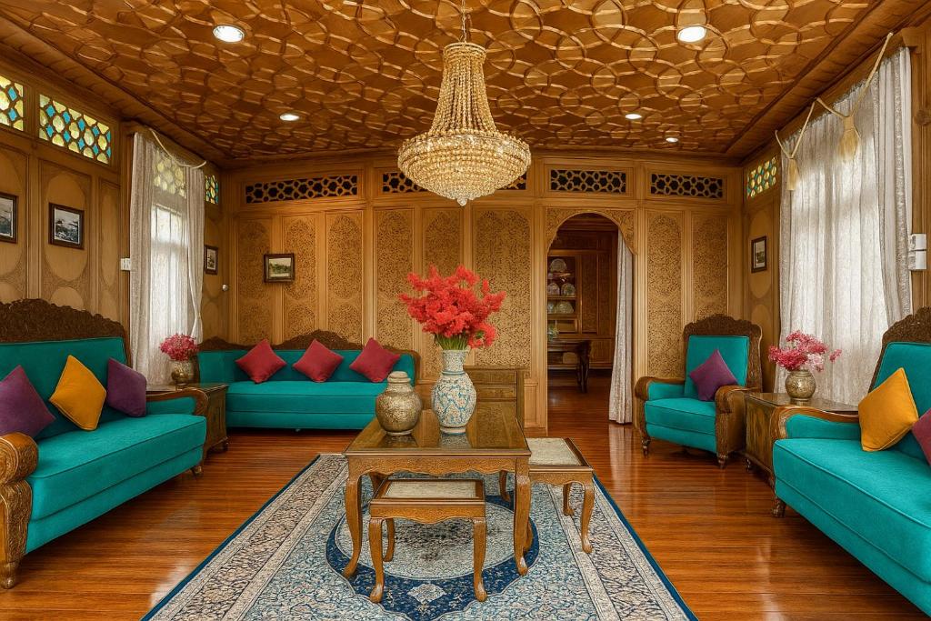 a living room with blue couches and a table at HAYAT Group OF Houseboats in Srinagar