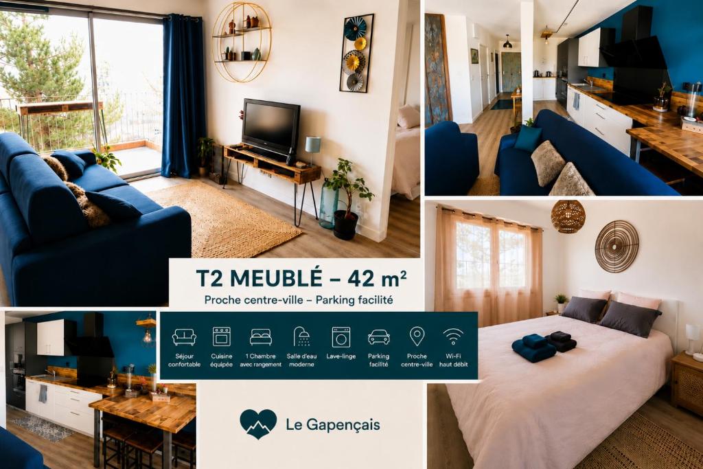 a collage of photos of a living room with blue furniture at Charmant T2 idéal CV parking privé à la résidence in Gap
