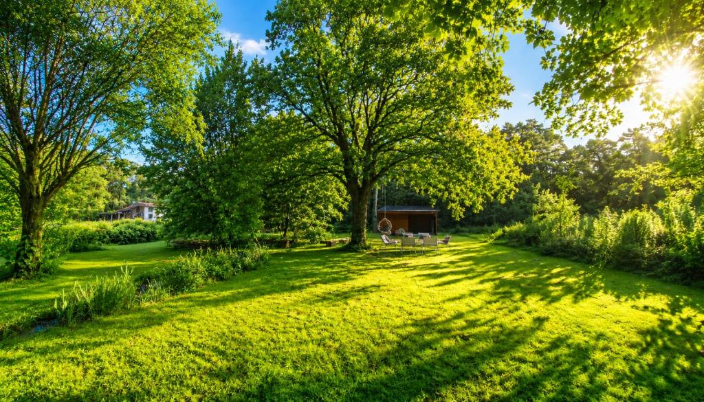 a large lawn with trees and a house in the background at The Park Retreat in Schoten
