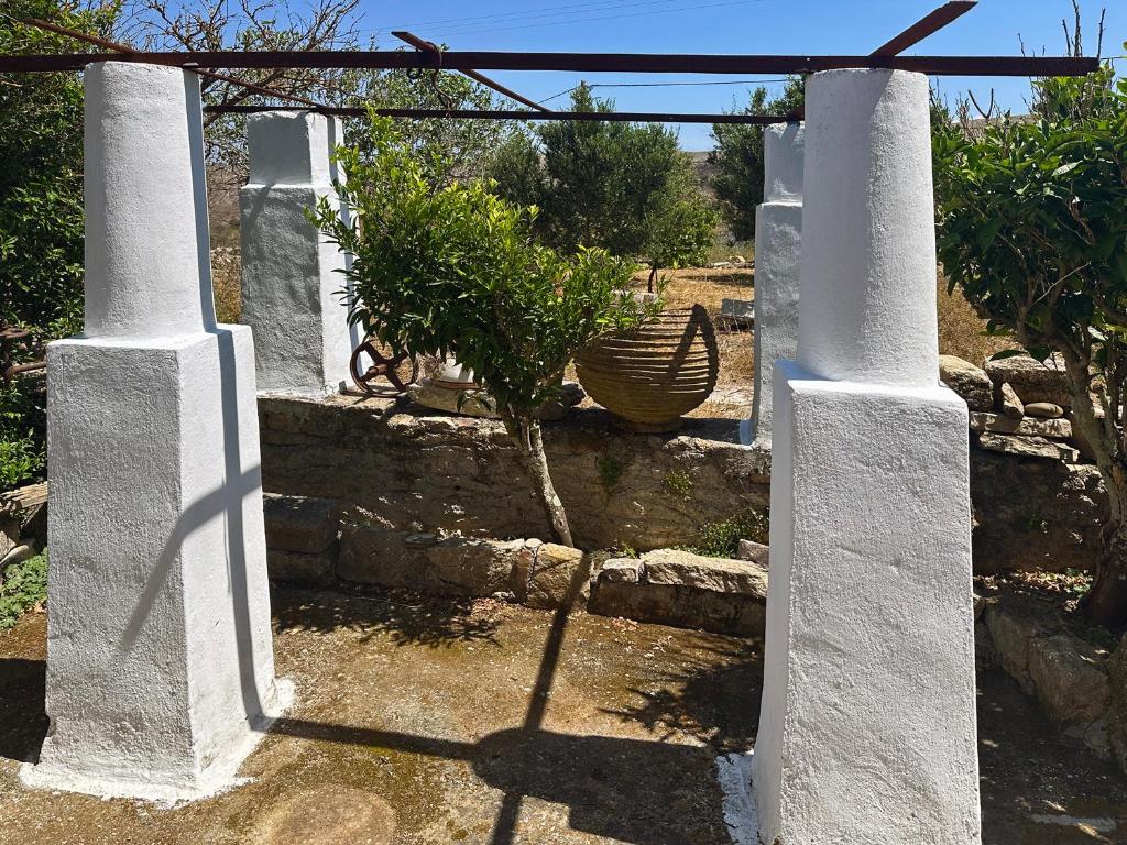 a pair of columns in a garden with a plant at Mylopotamos House in Milopótamos