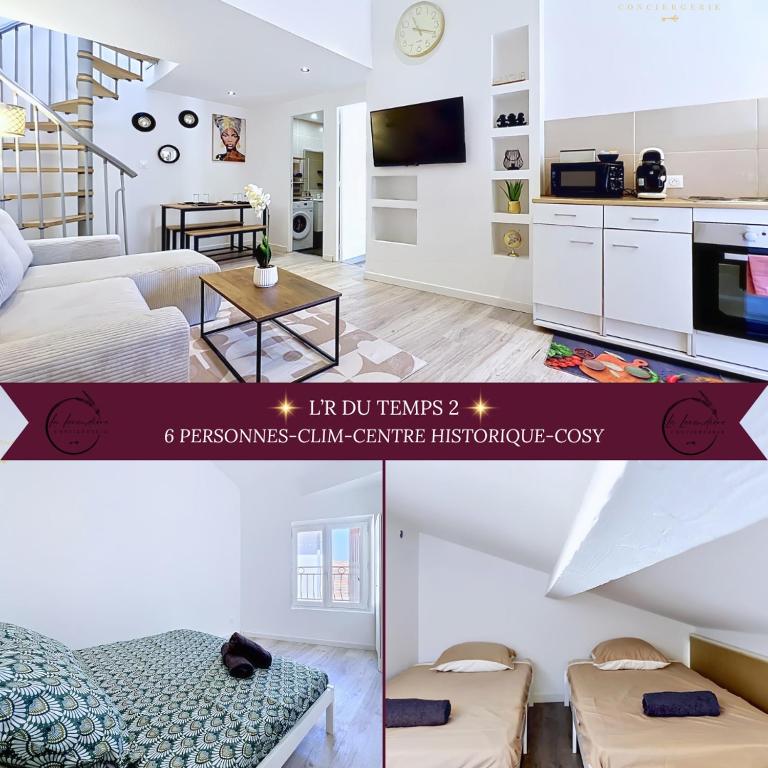 a living room with a kitchen and a living room at L'R du Temps 2 - Clim, Centre-ville, 6 personnes, 4 lits in Istres
