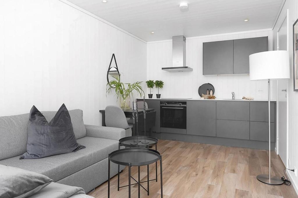 a living room with a couch and a kitchen at Sommerbolig i byen in Kristiansand