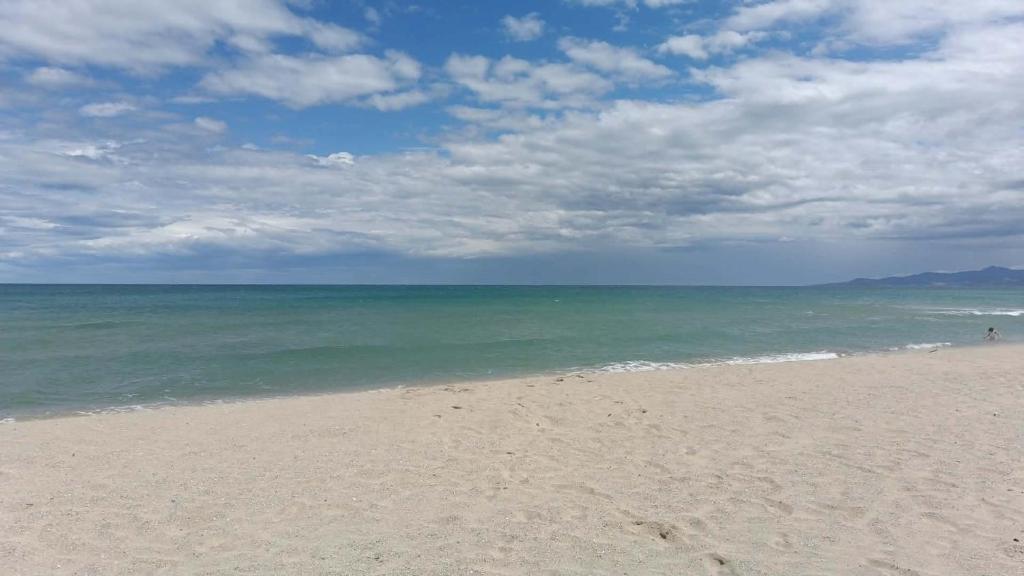 a sandy beach with the ocean and a cloudy sky at Lesoleil in Canet-en-Roussillon