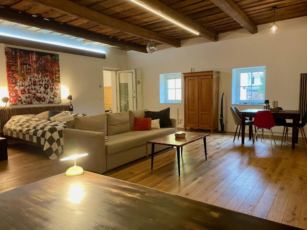 a living room with a couch and a table at Phreude Loft in Aschach an der Donau