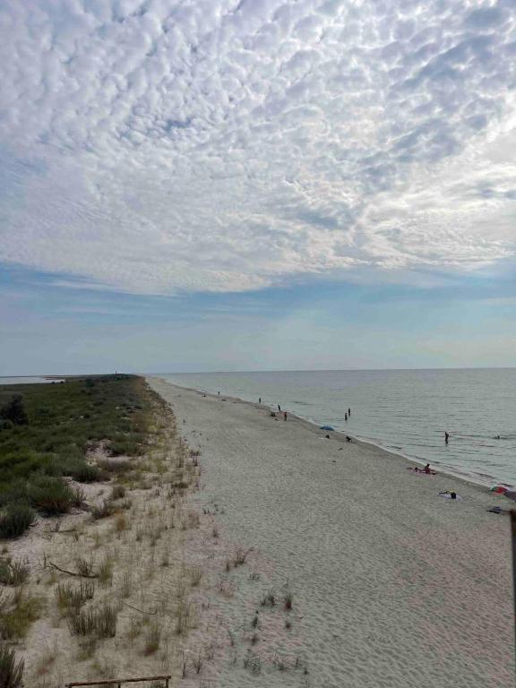 a beach with people in the water and a cloudy sky at Кооператив Радуга in Rasseyka