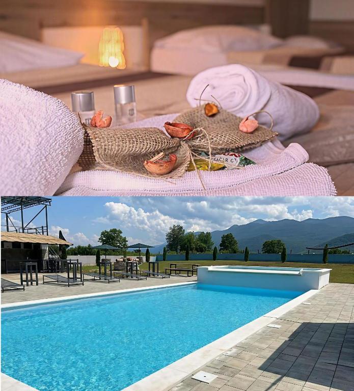 a collage of two pictures of a hotel with a pool at House Korina B&B in Ličko Petrovo Selo