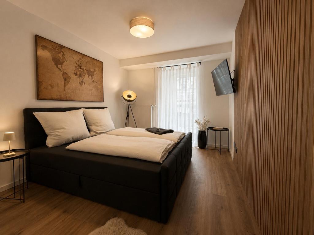 a bedroom with a bed and a television in it at Modernes Appartement mit Balkon & Parkplatz - Waldshut-Tiengen in Waldshut-Tiengen