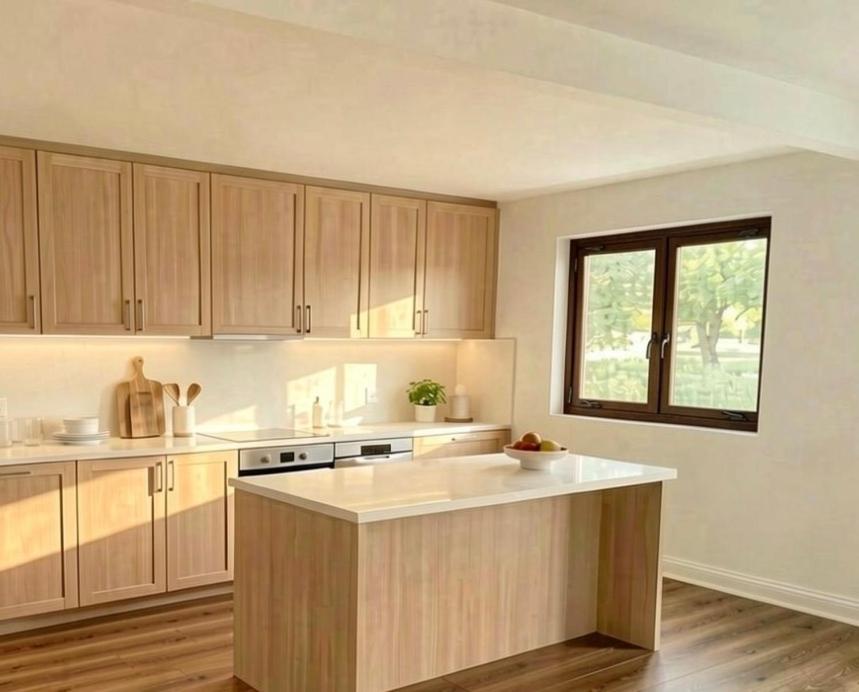 a large kitchen with wooden cabinets and a window at Ediths hus in Pärup