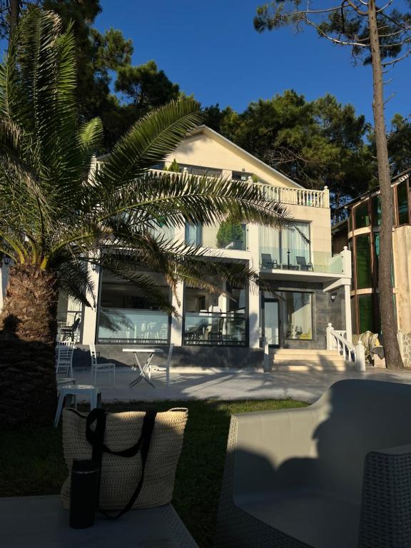 a white house with a palm tree and chairs at Villa Marnero in Grigoleti