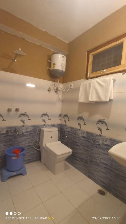 a bathroom with a toilet and a sink at Tirthan river edge in Bathād