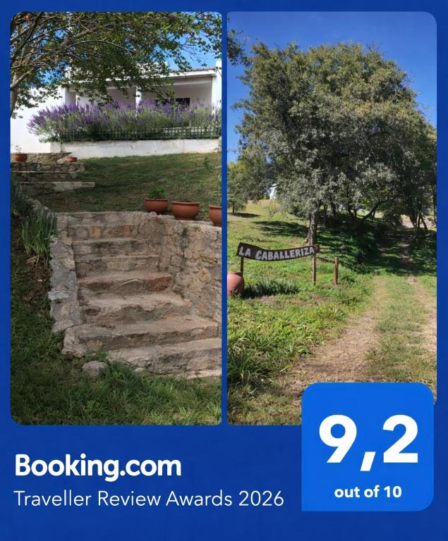 two pictures of a garden with a tree and stairs at La Caballeriza in La Granja