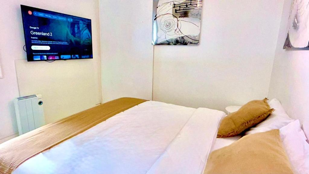 a bedroom with a bed with a tv on the wall at Cabanas da Auga A in A Telleira